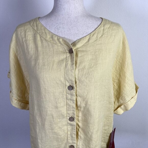 Yuvita NWT 100% Linen Top Yellow Women's Large Boho Button Front Short Sleeve - Picture 2 of 11